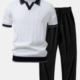Contrast Trim Ribbed Johnny Collar Knit Polo & Ribbed Pants Set