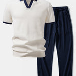 Contrast Knit Waffle Johnny Collar Polo & Drawstring Knitted Waffle Pants Set
