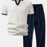 Contrast Knit Waffle Johnny Collar Polo & Drawstring Knitted Waffle Pants Set