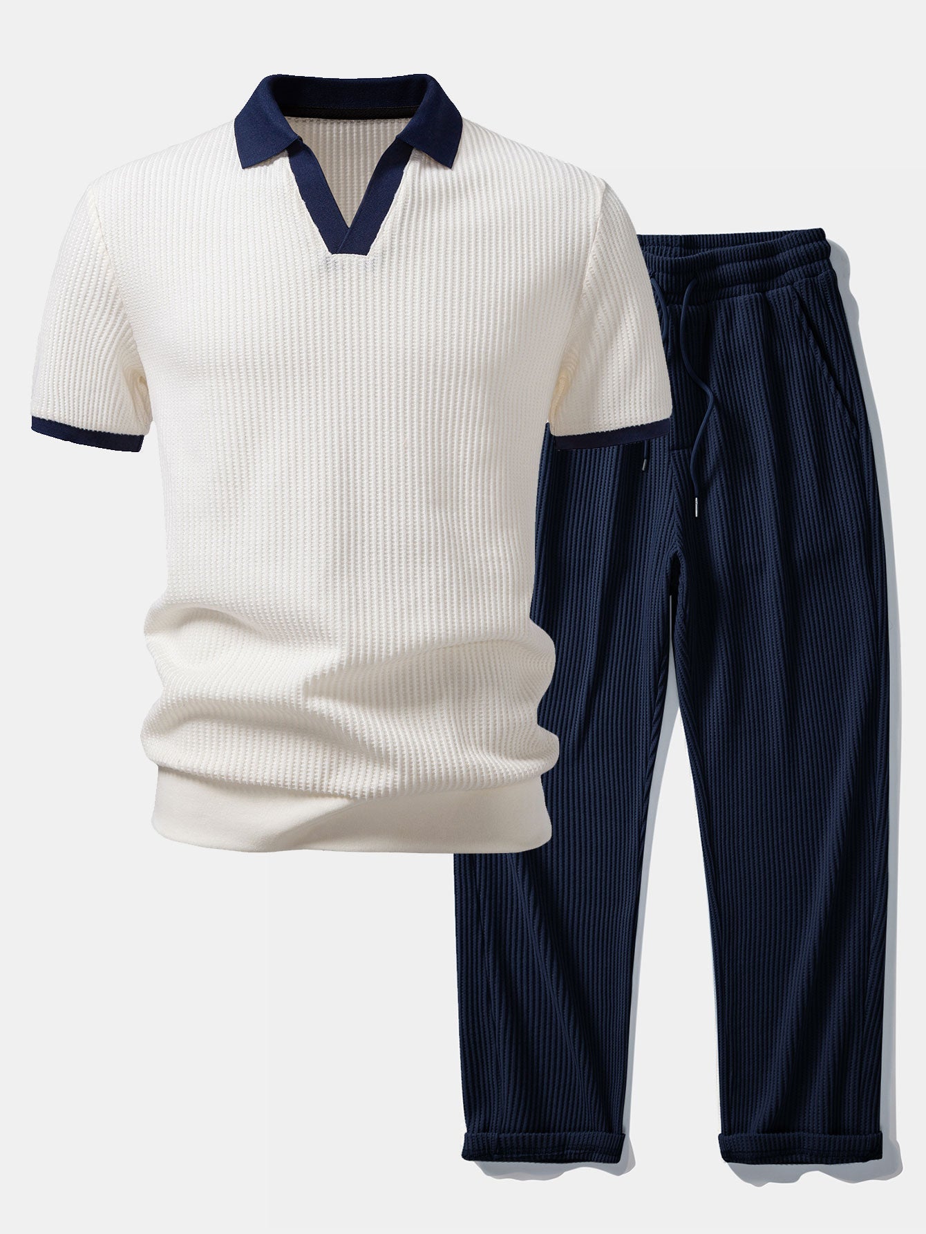 Contrast Knit Waffle Johnny Collar Polo & Drawstring Knitted Waffle Pants Set