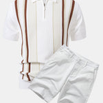 Stripe Knit Zip Up Polo Shirt & Cotton Chino Shorts Set