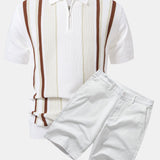 Stripe Knit Zip Up Polo Shirt & Cotton Chino Shorts Set