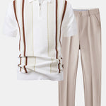 Stripe Knit Zip Up Polo Shirt & Slim Fit Tapered Trousers Set