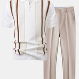 Stripe Knit Zip Up Polo Shirt & Slim Fit Tapered Trousers Set