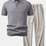 Twisted Jacquard Knit Polo & Elastic Waist Straight Leg Trousers Set