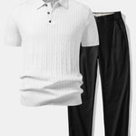 Twisted Jacquard Knit Polo & Elastic Waist Straight Leg Trousers Set