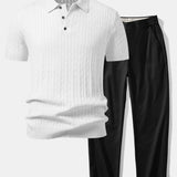 Twisted Jacquard Knit Polo & Elastic Waist Straight Leg Trousers Set