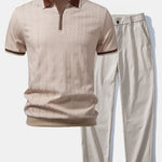 Contrast Trim Textured Zipper Knit Polo & Elastic Waist Trousers Set