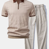 Contrast Trim Textured Zipper Knit Polo & Elastic Waist Trousers Set