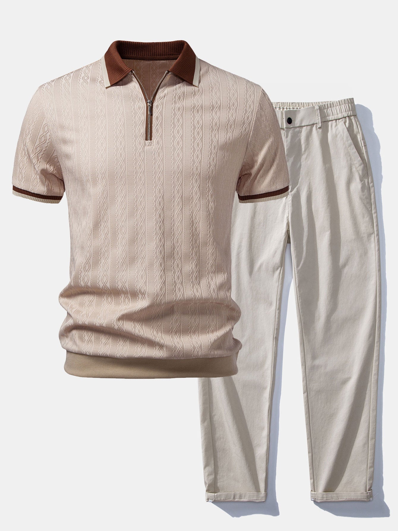 Contrast Trim Textured Zipper Knit Polo & Elastic Waist Trousers Set