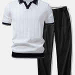 Contrast Trim Ribbed Johnny Collar Knit Polo & Trousers Set