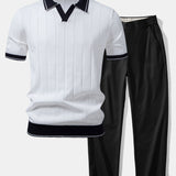 Contrast Trim Ribbed Johnny Collar Knit Polo & Trousers Set