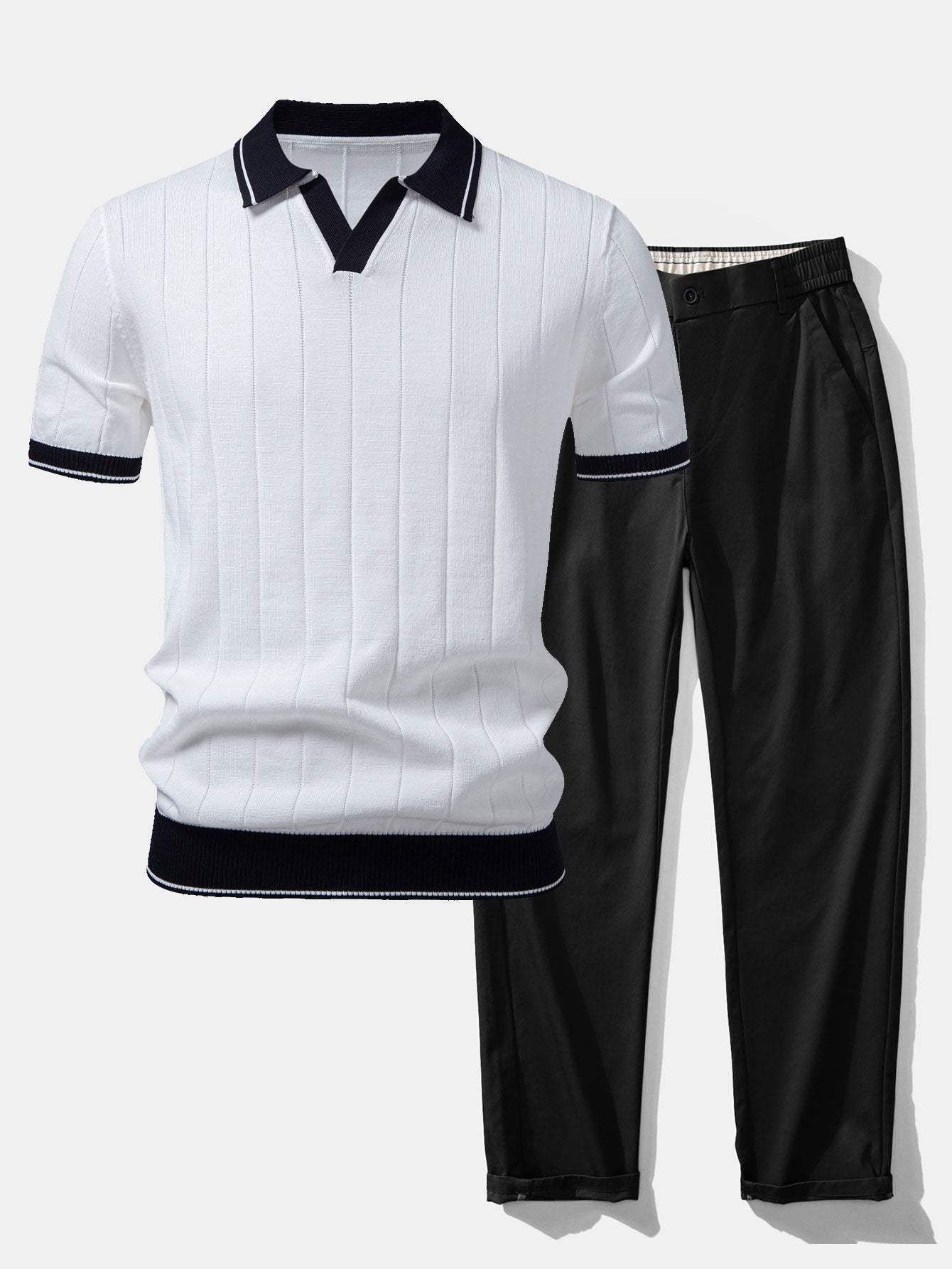 Contrast Trim Ribbed Johnny Collar Knit Polo & Trousers Set
