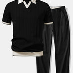 Contrast Trim Ribbed Johnny Collar Knit Polo & Trousers Set