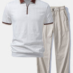 Contrast Trim Textured Zipper Knit Polo & Elastic Waist Trousers Set