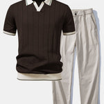 Contrast Trim Ribbed Johnny Collar Knit Polo & Trousers Set
