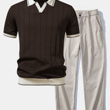 Contrast Trim Ribbed Johnny Collar Knit Polo & Trousers Set