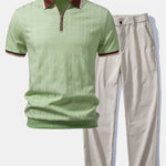 Contrast Trim Textured Zipper Knit Polo & Elastic Waist Trousers Set