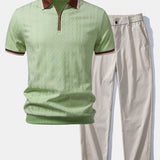 Contrast Trim Textured Zipper Knit Polo & Elastic Waist Trousers Set