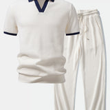 Contrast Knit Waffle Johnny Collar Polo & Drawstring Knitted Waffle Pants Set