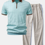 Contrast Trim Textured Zipper Knit Polo & Elastic Waist Trousers Set