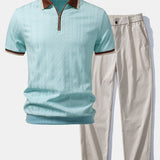 Contrast Trim Textured Zipper Knit Polo & Elastic Waist Trousers Set