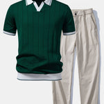 Contrast Trim Ribbed Johnny Collar Knit Polo & Trousers Set