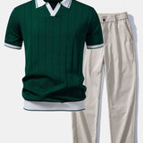 Contrast Trim Ribbed Johnny Collar Knit Polo & Trousers Set