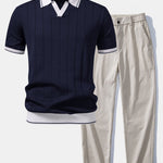 Contrast Trim Ribbed Johnny Collar Knit Polo & Trousers Set