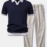 Contrast Trim Ribbed Johnny Collar Knit Polo & Trousers Set