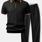Contrast Trim Textured Zipper Knit Polo & Elastic Waist Trousers Set