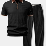 Contrast Trim Textured Zipper Knit Polo & Elastic Waist Trousers Set