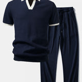 Contrast Knit Waffle Johnny Collar Polo & Drawstring Knitted Waffle Pants Set