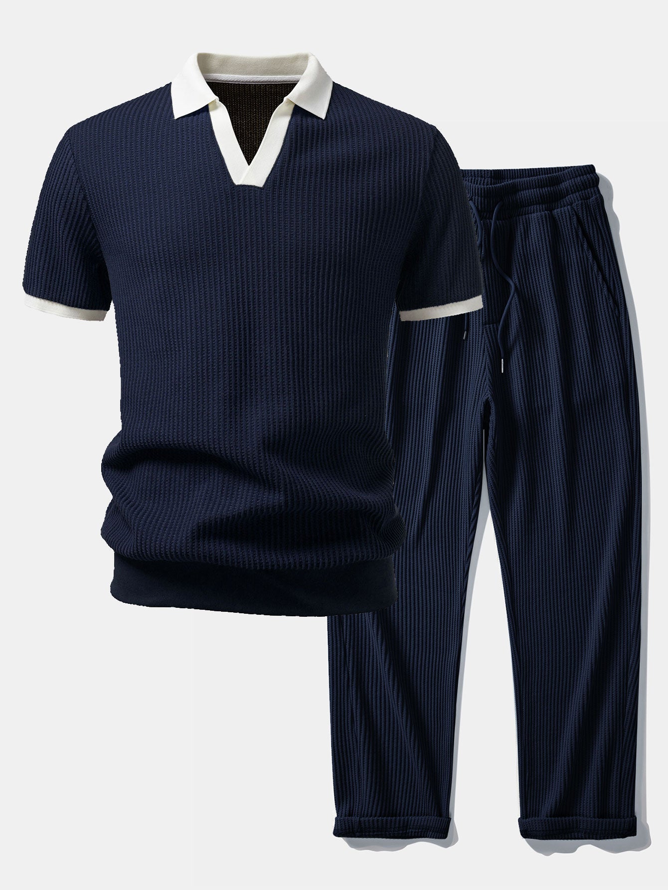 Contrast Knit Waffle Johnny Collar Polo & Drawstring Knitted Waffle Pants Set