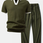 Contrast Knit Waffle Johnny Collar Polo & Drawstring Knitted Waffle Pants Set