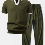 Contrast Knit Waffle Johnny Collar Polo & Drawstring Knitted Waffle Pants Set