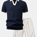 Contrast Knit Waffle Johnny Collar Polo & Drawstring Knitted Waffle Shorts Set
