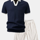 Contrast Knit Waffle Johnny Collar Polo & Drawstring Knitted Waffle Shorts Set