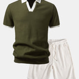 Contrast Knit Waffle Johnny Collar Polo & Drawstring Knitted Waffle Shorts Set