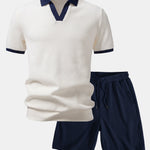 Contrast Knit Waffle Johnny Collar Polo & Drawstring Knitted Waffle Shorts Set