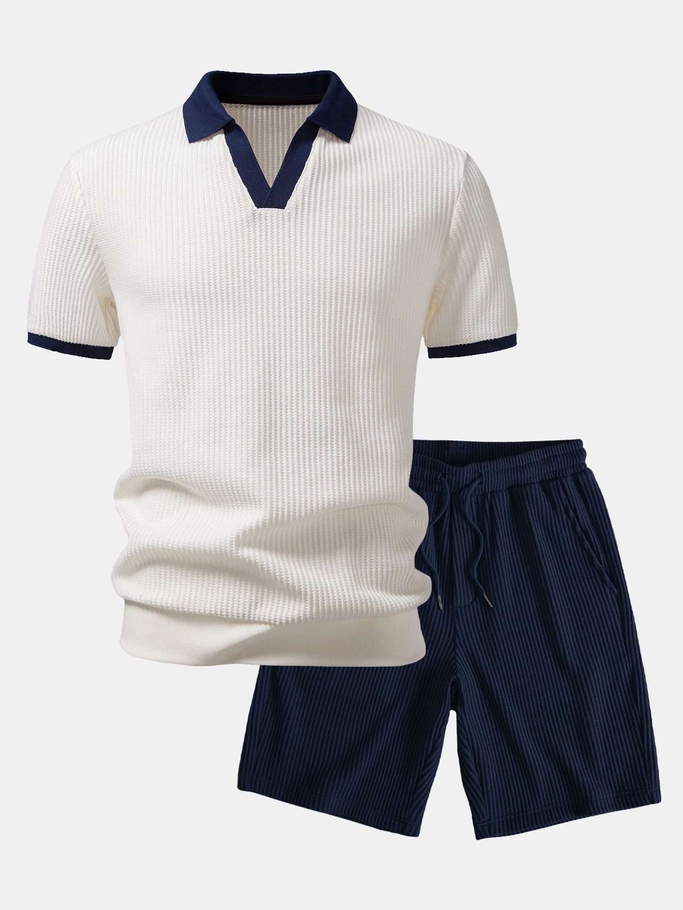 Contrast Knit Waffle Johnny Collar Polo & Drawstring Knitted Waffle Shorts Set
