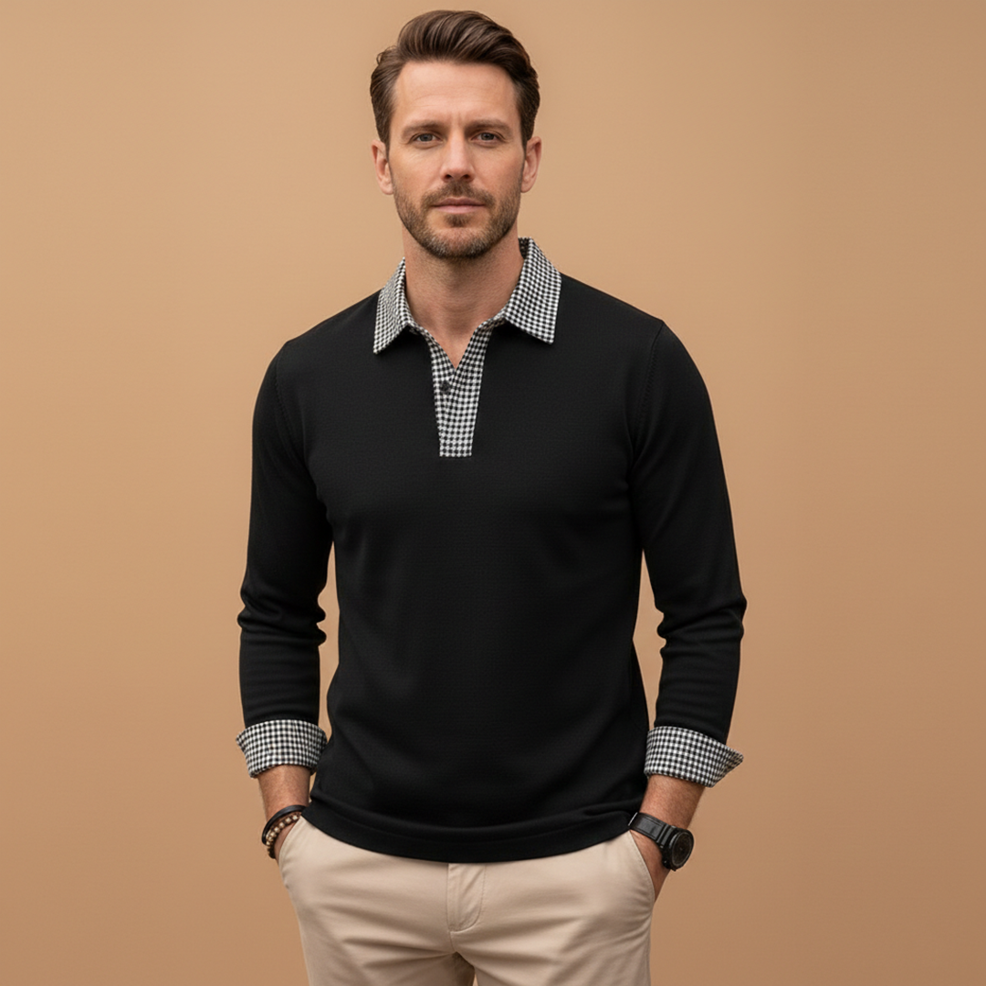 Men’s Long Sleeve Polo Shirt with Contrasting Collar