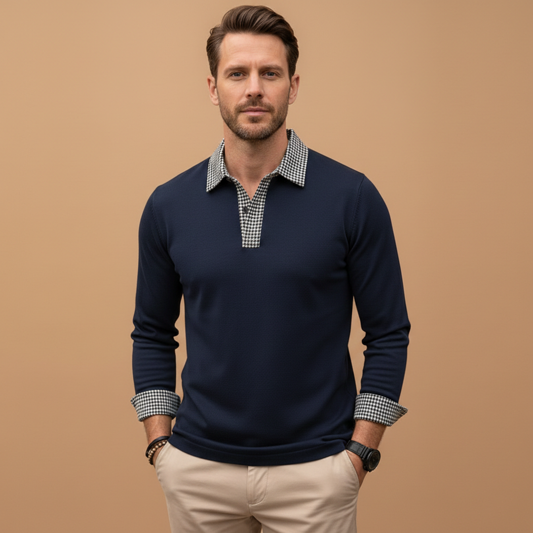 Men’s Long Sleeve Polo Shirt with Contrasting Collar