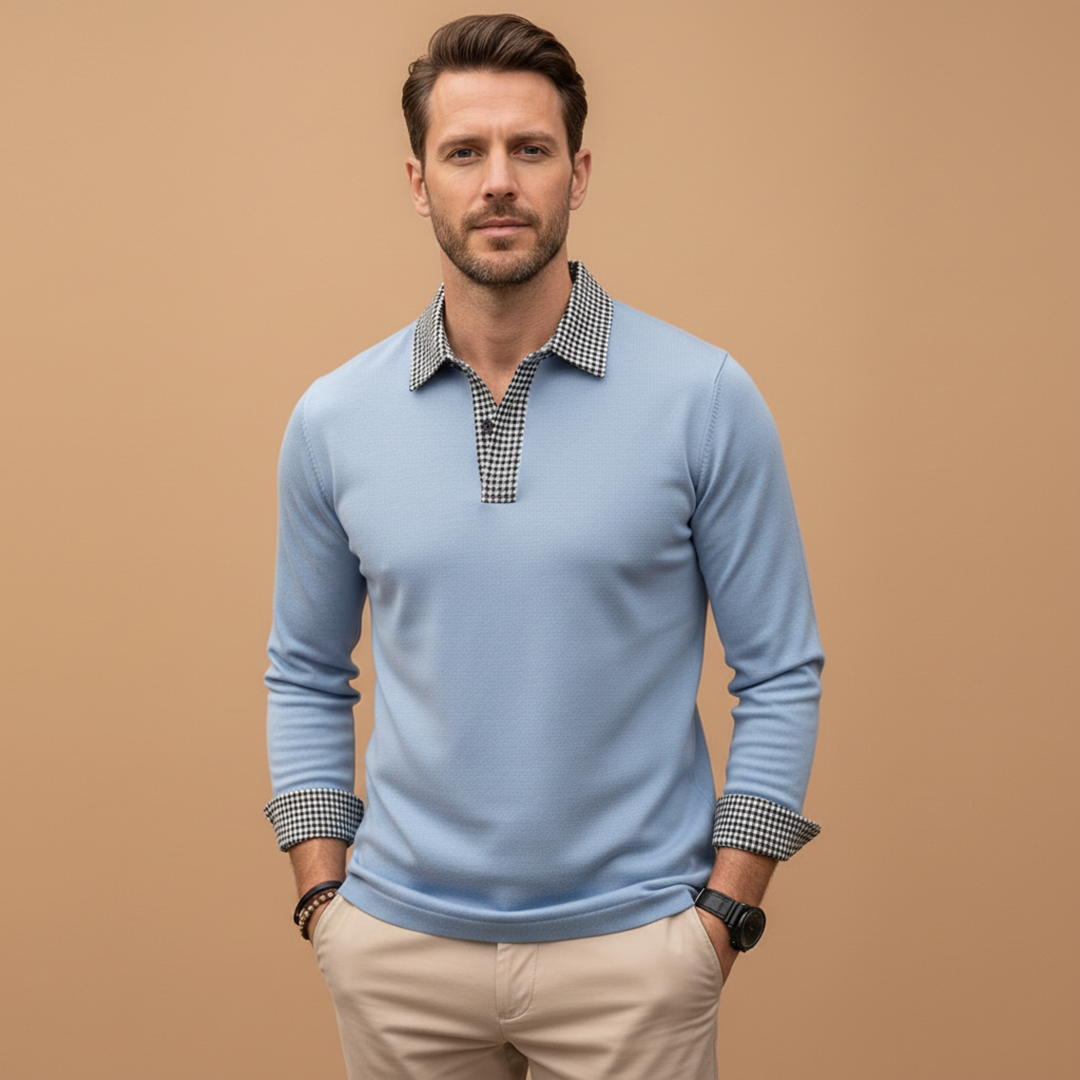 Men’s Long Sleeve Polo Shirt with Contrasting Collar