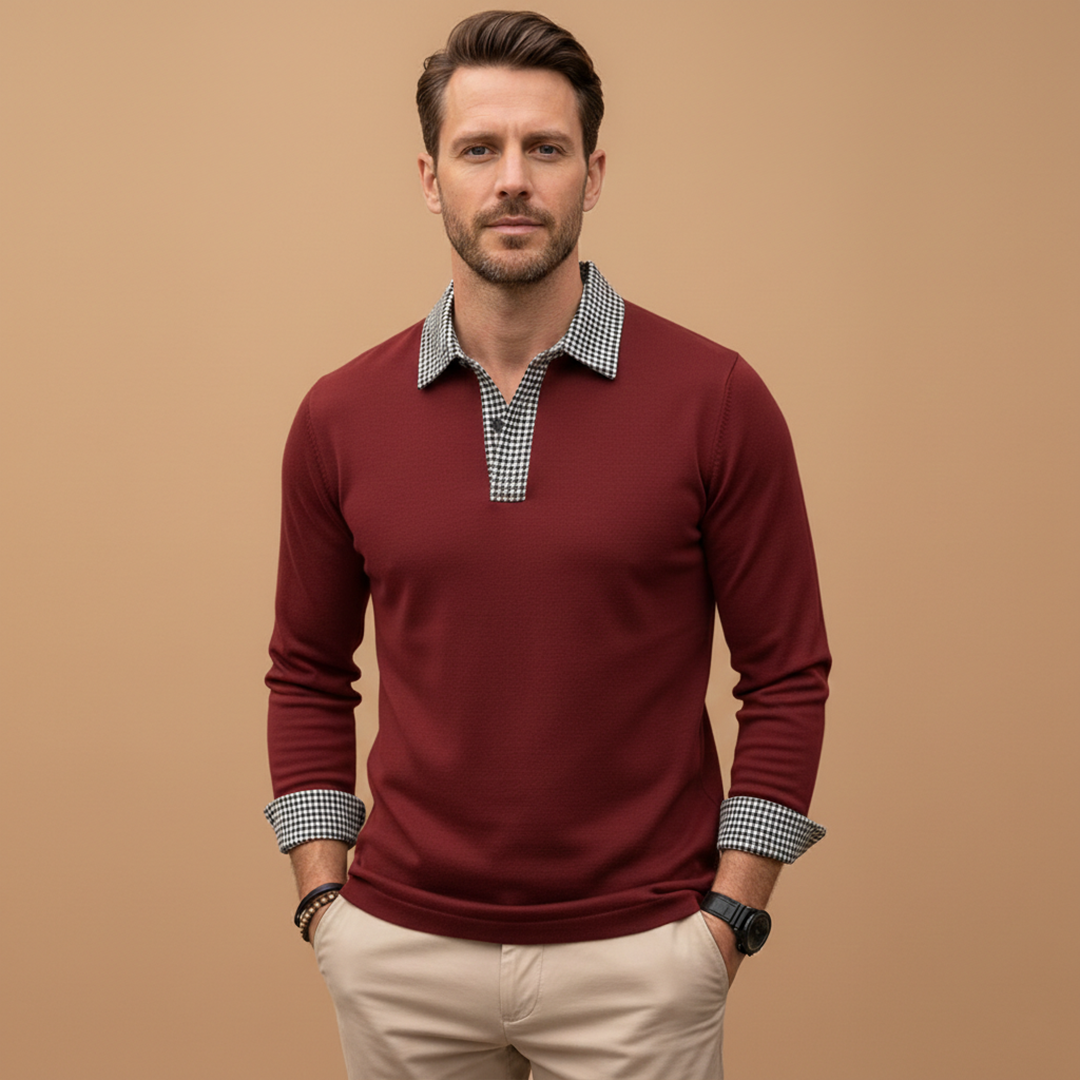 Men’s Long Sleeve Polo Shirt with Contrasting Collar