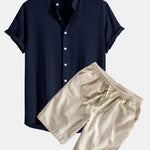 Linen and Rayon Blend Shirt & Linen Cotton Blend Drawstring Shorts Set