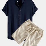 Linen and Rayon Blend Shirt & Linen Cotton Blend Drawstring Shorts Set