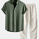 V Neck Linen Rayon Blend Shirt & Straight Leg Linen Pants Set