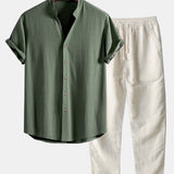 V Neck Linen Rayon Blend Shirt & Straight Leg Linen Pants Set
