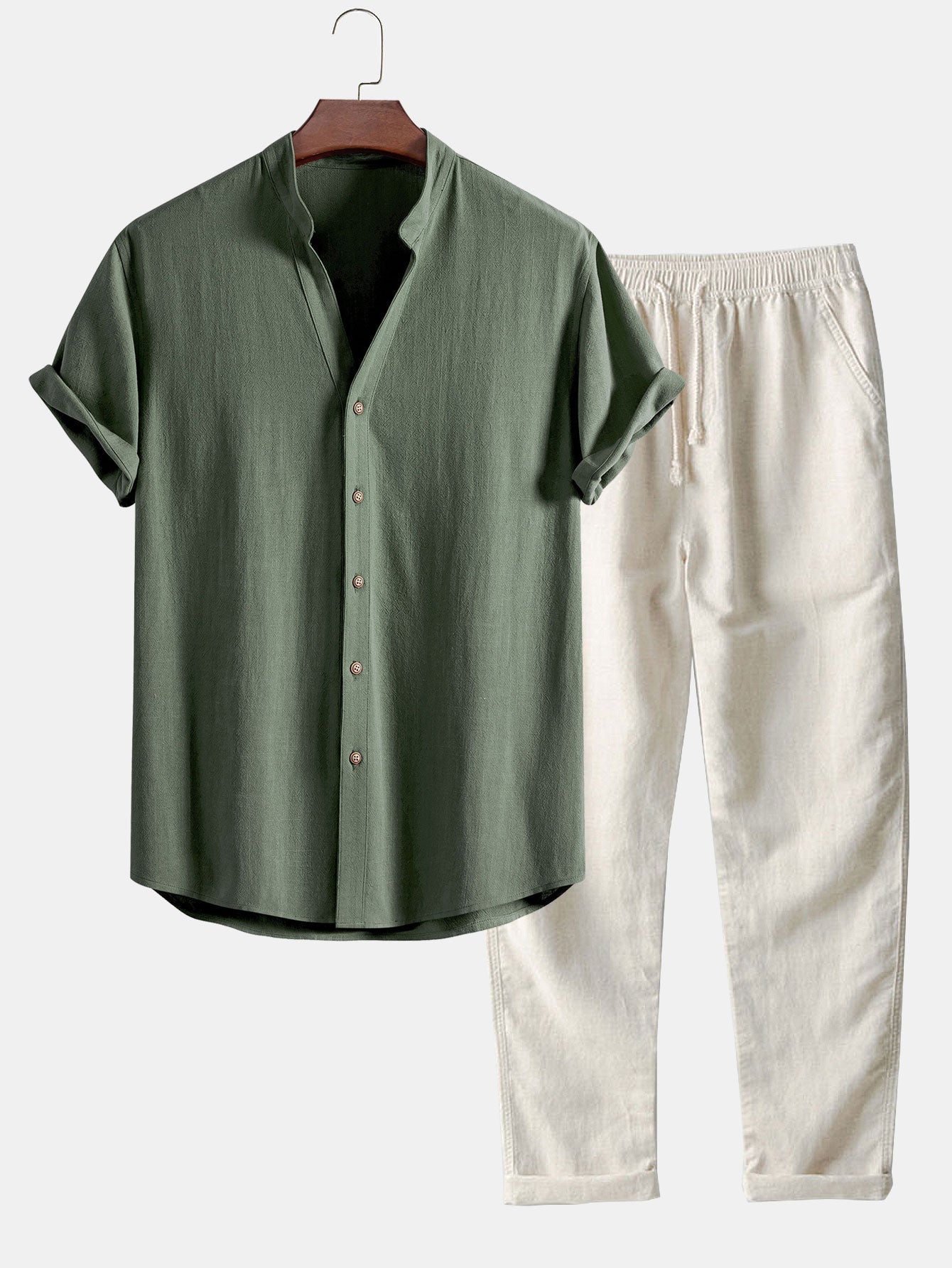 V Neck Linen Rayon Blend Shirt & Straight Leg Linen Pants Set